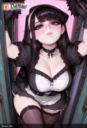 ai_generated apron arm_up bangs black_gloves black_hair black_legwear blunt_bangs blush bow breasts choker cleavage dollmaker dollmaker_(artist) door female gloves large_breasts long_hair looking_at_viewer mole mole_on_breast mole_under_eye panties patreon_username puffy_short_sleeves puffy_sleeves short_sleeves smile solo tagme thighhighs underwear watermark web_address white_panties
