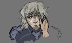 2boys blue_clothing blue_eyes capcom cum cum_on_face face_closeup flustered gay hand_on_face male metal_gear_solid metal_gear_solid_2 pale_skin raiden_(metal_gear) shame tagme vl4dos white_hair white_skin