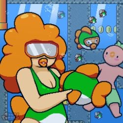anthro big_lips blurp blurp_girl_(okami_tomato) blush blushing bubble bubbles cute fish ginger ginger_female ginger_hair goggles green_swimsuit happy kiss_mark kissing mario_(series) obscured_eyes okami_tomato orange_lips orange_lipstick super_mario_world swimming_goggles swimsuit tail tomato tomato_(okami_tomato) watermark