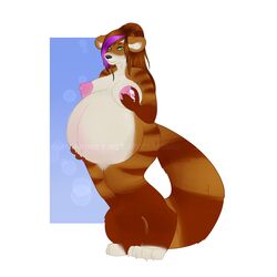 2016 anthro areola bear belly big_belly big_breasts black_nose breasts brown_fur brown_hair claws female fur furry gloves_(marking) green_eyes hair hi_res hyper hyper_belly hyper_pregnancy kriwu lactation long_hair mammal markings milk miyuki_(helzimgiger) multicolored_hair nipples nude pandaren pregnant purple_hair ready_to_pop red_panda simple_background smile socks_(marking) solo stripes toe_claws two_tone_hair warcraft white_fur