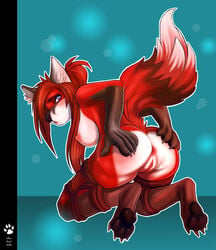 2015 anthro anus ass blue_eyes bondage bound breasts canine claws color feet female fox frogtied fur hair highres legs_tied long_hair looking_away mammal nipples nude paws presenting pussy red_fur red_hair simple_background sitting solo spread_ass spreading whiteabigail