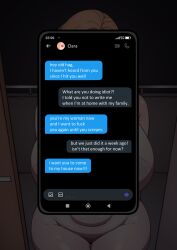 2d_artwork apartment apartment_buildiing cellphone cellphone_display cheating cheating_wife clara_(yonda545) conversation female huge_breasts phone phone_screen rude short_hair standing_in_doorway strawberry_blonde_hair text thick_thighs wide_hips yonda545