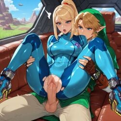 1boy 1girls ai_generated balls blue blue_eyes clothed_sex control_panel crossover duo elf female human hunwolf link male metroid open_mouth outer_space penis penis_in_pussy pussy reverse_suspended_congress samus_aran sex spaceship straight testicles the_legend_of_zelda vaginal_penetration voluptuous_female yellow_hair zero_suit
