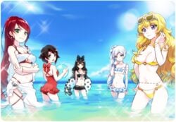 5girls ball bikini black_hair blake_belladonna blonde_hair bow breasts cleavage clothing cloud cyan_eyes dokur01 earrings faunus female female_only green_eyes grey_eyes human jewelry large_breasts long_hair multiple_girls ocean outdoors ponytail purple_eyes pyrrha_nikos red_hair ruby_rose rwby short_hair sky sunglasses swa660w swimsuit team_rwby tied_hair water weiss_schnee white_hair yang_xiao_long yellow_eyes