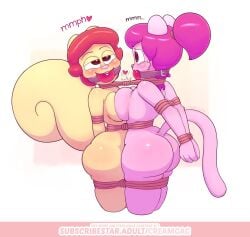 2girls arms_behind_back arms_tied ball_gag bondage cat_tail catgirl creamgag furry legs_tied neck_tied pink_body rope_bondage squirrel_girl squirrel_tail tied_together tied_up yuri