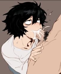 2boys big_penis black_hair blowjob cum death_note emo eye_bags gay gay_blowjob gay_sex horny_octopus jeans l_lawliet looking_up male_only overflowing_cum pubic_hair sucking_penis throatpie white_shirt