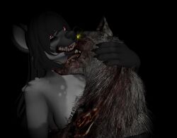 anthro bite black_hair blood bodily_fluids canid canine canis death duo female feral fur glowing glowing_eyes gore hair hyena hyenid_(species) kate_(evil_kipty) male male/female mammal necrophilia sharp_teeth teeth tongue white_body white_fur wolf zoophilia