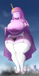 1girls adventure_time blush candy_girl candy_humanoid city closed_eyes colonel-gabbo crown destruction dress_lift female giantess gum_hair heels macro macro_female pink_dress pink_hair pink_heels pink_skin princess princess_bubblegum stockings