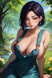 1girls ai_generated blush boobs breasts_spilling_out cameltoe cleavage close-up clothing curvy cute dark_hair earrings farmgirl female female_only green_eyes large_breasts light-skinned_female looking_at_viewer mommy_milkers nipple_peek nipslip outdoors overalls pinup shoulder_strap sideboob smile solo solo_female solo_focus valorant viper_(valorant)