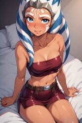 ahsoka_tano ai_generated bare_arms bare_belly bare_legs bare_midriff bare_shoulders bed bedroom belly belly_button belt belt_buckle blue_eyes blue_eyes_female blush blushing_at_viewer blushing_female brown_skin brown_skinned_female brown_tube_top clone_wars clothed dark-skinned_female dark_skin facial_tattoo female flirting_with_viewer looking_at_viewer miniskirt short_skirt sitting sitting_on_bed skin_tight small_breasts solo star_wars star_wars_rebels star_wars_the_clone_wars tight_skirt tube_skirt tube_top tubetop white_blanket white_tattoo