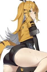 1girls ass ass_focus blush female fully_clothed green_eyes ju_fufu ju_fufu_(zenless_zone_zero) solo solo_female solo_focus sweat sweatdrop sweating tail thiren tiger tiger_girl tiger_stripes tiger_tail zenless_zone_zero