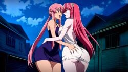 after_kiss ai_art ai_generated ass_grab bodycon dress elfen_lied gasai_yuno half-closed_eyes huge_ass kissing lips lucy_(elfen_lied) mirai_nikki night outside pink_eyes pink_hair red_eyes red_hair saliva_trail waifuleak