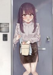 1girls blush door earrings female noa_cell omorashi open_mouth original peeing peeing_self pencil_skirt purple_eyes purple_hair skirt tears wet wet_clothes wet_skirt wetting wetting_self