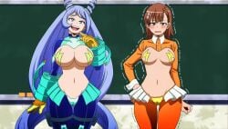 ai_art ai_generated blue_eyes blue_hair blush brown_eyes brown_hair cameltoe classroom embarrassed exhibitionism gloves large_breasts misaka_mikoto my_hero_academia narrow_waist nejire_hado reverse_bunnysuit showgirl_skirt thigh_straps to_aru_kagaku_no_railgun trembling waifuleak