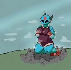 antennae_(anatomy) big_breasts big_thighs blue_body cat_girl cat_outfit cat_tail catgirl chubby chubby_female city cloud clouds facial_markings forehead_mark fur giantess happy holding_breast iterator_(rain_world) kneeling leotard looks_to_the_moon_(rain_world) macro macro_female macrophilia outfit paws pushing_breasts_together rain_world robot robot_girl robot_humanoid robot_joints sexy_clothing slightly_chubby slightly_chubby_female tail thick thick_thighs tummy