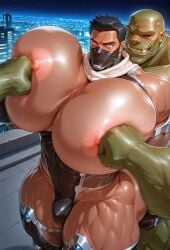 3boys ai_generated areolae bara busty gay huge_pecs large_pectorals legs male male_focus male_only muscular muscular_arms muscular_legs muscular_male nipples orc orc_male pecs pectorals rokuworshiper yaoi