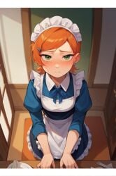 ai_generated apron bangs blue_dress blush dress female frills green_eyes hair_ornament hairclip indoors maid maid_apron maid_headdress orange_hair puffy_sleeves short_hair solo
