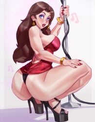 ass ass_focus backless_dress blue_eyes bracelet brown_hair busty dlusional dress_around_waist earrings high_heels light-skinned_female light_skin mario_(series) microphone_stand musical_note nintendo painted_nails panties pauline purple_eyeshadow red_dress sideboob squatting thick thick_thighs