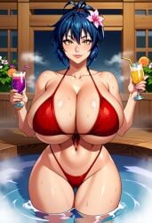 ai_generated breasts dark_blue_hair female flower_in_hair gigantic_breasts holding_cocktail hot_tub huge_breasts kunoichi looking_at_viewer manyuu_chifusa manyuu_hikenchou massive_breasts milf ponytail posing red_bikini relaxing samurai self_upload stable_diffusion sweat unclego voluptuous wink yellow_eyes
