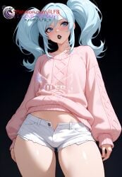 1boy ai_generated blue_eyes blue_hair bulge bulge_through_clothing crossdressing femboy flat_chest goth gothic high_resolution highres long_hair looking_away more_at_source original original_character otoko_no_ko sfw sfw_version sfw_version_available simple_background solo solo_focus standing trap twintails