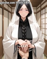 1girls ai_generated artifical_art big_breasts black_hair bleach bleach:_the_thousand-year_blood_war braid braided_hair bride curvaceous_female curvaceous_figure haori japanese_clothes kimono light-skin light-skinned_female long_hair mature mature_female milf perfect_body purple_eyes unohana_retsu voluptuous_female