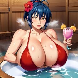 ai_generated breasts dark_blue_hair female flower_in_hair gigantic_breasts holding_cocktail hot_tub huge_breasts kunoichi looking_at_viewer manyuu_chifusa manyuu_hikenchou massive_breasts milf ponytail posing red_bikini relaxing samurai self_upload stable_diffusion sweat unclego voluptuous wink yellow_eyes