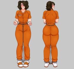 1boy 1femboy ass ass ass_focus back big_butt black_hair blush buttons chains cuffs dark_brown_hair dark_hair front_view handcuffs inmate jail jumpsuit large_ass male_only marmotap medium_hair orange_clothing overweight overweight_male prison prison_clothes prison_jumpsuit prison_uniform prisoner purple_eyes rear_view restrained restrained_arms restrained_legs restrained_wrists restraints sandals scared shackles socks teeth_showing thick thick_ass thick_thighs uniform waist_chain white_socks wide_hips wide_shoulders worried