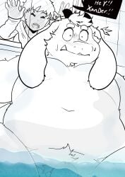 absurd_res anthro bathing belly blush duo embarrassed female flaccid floppy_ears fupa genitals hi_res horn human male mammal nude overweight partially_submerged penis penis_base pubes rinhatsuyuki water