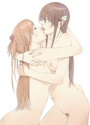 2girls asuka_langley_sohryu breasts brown_hair female glasses hug human licking light-skinned_female light_skin long_hair mari_illustrious_makinami multiple_girls navel neon_genesis_evangelion nude nude_female parted_lips pubic_hair rebuild_of_evangelion red_hair small_breasts watanabe_yasuaki yuri