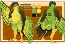 anthro avian beak belly big_belly erection feathered_wings feathers front_view genitals green_body green_eyes green_feathers green_wings hi_res looking_at_viewer male model_sheet mouth_closed narrowed_eyes norakaru nude overweight overweight_anthro overweight_male penis pink_penis rear_view simple_background solo standing tail tail_feathers wings yellow_beak