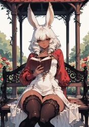 ai_generated animal_ear_fluff animal_ears animal_tail bench blue_sky book bushes civitai czero2011 dark-skinned_female dark_skin day daytime detailed_eyes digital_media_(artwork) dress drill_hair embroidery exposed_thighs fantasy female female_focus female_only final_fantasy_tactics final_fantasy_tactics_a2 final_fantasy_tactics_advance flowers fully_clothed gold_eyes half_jacket high_resolution highres lips long_sleeves medium_hair muscular_thighs nature nature_background original_character outdoors pale-skinned_female pale_skin plump rabbit_ears rabbit_girl rabbit_tail reading reading_book red_jacket sfw short_skirt shoulder_length_hair sitting sitting_down sitting_on_bench skinny skinny_female skinny_girl small_breasts solo solo_female stockings thick_thighs thigh_highs thin_waist trees viera vines white_dress white_eyebrows white_fur white_hair wide_hips