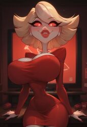 1girls ai_generated blonde_hair blush bursting_breasts civitai cleavage demon_girl dress glowing_eyes hazbin_hotel huge_breasts katie_killjoy looking_at_viewer makeup mamely32 pale_skin red_sclera short_hair smile solo standing yellow_eyes