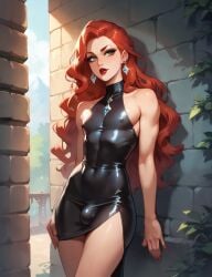 1femboy ai_generated athletic athletic_femboy beautiful black_dress bulge bulge_through_clothing curly_hair earrings femboy femboy_only flat_chest flat_chested gorgeous light_skin lipstick long_hair makeup red_hair sexy sexy_body sexy_clothing sexy_pose small_breasts small_penis tight_clothing tight_dress tiny_penis