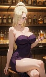 1girls ai_generated alcohol bar bar_stool bare_shoulders blonde_hair blue_eyes bottle breasts cleavage closed_mouth collarbone covered_navel crossed_legs cup dress drinking_glass earrings female female_only hair_over_one_eye hdubois holding holding_cup ino_yamanaka large_breasts long_hair looking_at_viewer naruto naruto_(classic) naruto_(series) ponytail purple_dress side_slit sitting solo stool strapless strapless_dress thighs