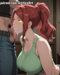 1boy 1girls ai_generated artifical_art balls big_breasts blowjob blowjob_face blue_pants blush cum cum_in_mouth cum_in_pussy cum_inside enen_no_shouboutai fire_force jeans light-skinned_female light_skin lisa_isaribi long_hair oral oral_creampie oral_penetration oral_sex orange_eyes penis penis_in_mouth perfect_body ponytail red_hair sex sucking sucking_penis tied_hair torn_pants voluptuous_female