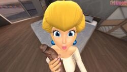 1female 1male 1male1female alternate_costume animated black_penis blonde_hair blue_eyes clothed face_on_penis female hand_on_breast hand_on_chest hand_on_penis handjob pov princess_peach sfm watermark