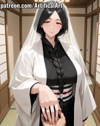 1girls ai_generated artifical_art big_breasts black_hair bleach bleach:_the_thousand-year_blood_war braid braided_hair bride curvaceous_female curvaceous_figure haori japanese_clothes kimono light-skin light-skinned_female long_hair mature mature_female milf perfect_body purple_eyes unohana_retsu voluptuous_female