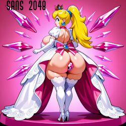 ai_generated anal buttplug crystal curvy curvy_female curvy_figure female female_only jewel_buttplug large_buttplug mario_(series) peach_pussy pillow pink_buttplug pose princess princess_peach wedding wedding_dress wedding_ring