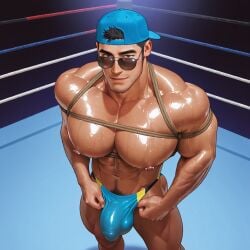 1boy ai_generated bara bulge hat it_slicky male male_focus male_only muscular muscular_male solo solo_male sweat