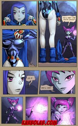 ! ass back_view belly_chain blue_hair boots breasts choker comic dat_ass dc dc_comics dcau duo english_text eyelashes female female_only fighting footwear forehead_jewel grey_skin human jinx_(dc) karbo_(comics-toons) kneepits large_breasts leotard magic nipple_bulge pink_eyes pink_hair raven_(dc) skin_tight slit_pupils smile smooth_skin speech_bubble teen_titans text thighhighs