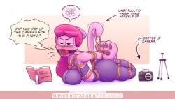 1girls ball_gag bondage catgirl creamgag curvy_female female frogtie furry hogtie leggings looking_at_viewer lying lying_on_stomach rope_bondage self_bondage solo_female solo_focus sports_bra tail_tied