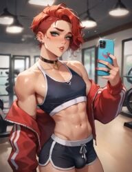 1femboy ai_generated athletic athletic_femboy bulge bulge_through_clothing femboy femboy_focus femboy_only flat_chest flat_chested gym gym_clothes gym_clothing male mirror_selfie post_workout red_hair selfie sexy sexy_body sexy_pose short_hair short_shorts shorts small_breasts sweat sweatdrop sweating sweaty tiny_penis wavy_hair