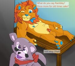 absurd_res anthro balls cinder_bh claws duo english_text exhibitionism felid fur furniture genitals hair hi_res indigo_park kerchief lion lloydford_l._lion lying male male/male mammal muscular muscular_anthro nipples nude on_table one_eye_closed pantherine pawpads paws penis procyonid pube purple_eyes raccoon rambley_raccoon smile table tail text wink