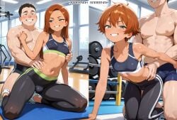 ai_generated athletic_female baised female green_eyes grin grinning gym hip_grab mareenah_(oc) red_hair red_hair sareenah_(oc) skinny small_breasts smirking sports_bra stretching tomboy twins yoga_pants