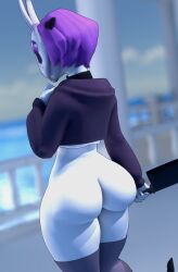1girls 3d ass ass_focus big_ass bottomless choker clothed female female_focus female_only from_behind hoodie huge_ass knife mask neon_violet neon_white purple_hair short_hair solo solo_female solo_focus stockings thick thick_ass thick_thighs vensaku
