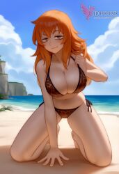 1girls 2d ai_generated ass barefeet big_ass big_breasts bikini breasts cleavage day erophoenix feet female female_focus full_body gamo-chan grin leopard_print long_hair looking_at_viewer ocean orange_eyes orange_hair outdoors patreon_username please_don't_bully_me,_nagatoro solo solo_female sweat swimsuit thick thick_thighs toes uncensored