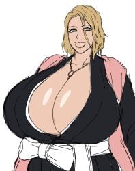 2d 2d_(artwork) 2d_artwork arms_down big_breasts bleach bleach:_the_thousand-year_blood_war blonde_hair blue_eyes breasts breasts_bigger_than_head chain_necklace chains dark_blonde_hair digital_drawing_(artwork) digital_media_(artwork) enormous_breasts female female_focus female_only japanese japanese_clothes japanese_female kissable_lips large_breasts lips looking_at_viewer looking_pleasured matsumoto_rangiku matsumoto_rangiku momiji_(artist) necklace pink_scarf pleasure_face robe scarf shiny_breasts shonen_jump short_hair smile smiling smiling_at_viewer white_background
