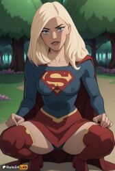 1girls ai_generated artist_name blonde_hair blue_eyes blue_panties blush boots breasts cape collarbone covered_nipples dc dc_comics female forest hi_res high_heels kara_danvers kara_zor-el legion_of_superheroes long_hair long_sleeves looking_at_viewer medium_breasts outdoors panties parted_lips red_cape red_footwear red_skirt red_thighhighs rule34lab shirt skirt solo spread_legs squatting supergirl superhero superman_(series) teeth thigh_boots thighhighs tomorrowverse tree underwear upper_teeth_only
