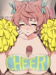 1boy 1girls big_breasts blush boobjob cheerleader_uniform closed_eyes hair_ornament kuro_mushi long_hair maria_cadenzavna_eve penis_between_breasts senki_zesshou_symphogear sweat