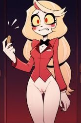 ai_generated blonde_hair bottomless breasts charlie_morningstar_(hazbin_hotel) female long_hair medium_breasts pussy sharp_teeth solo teeth thigh_gap